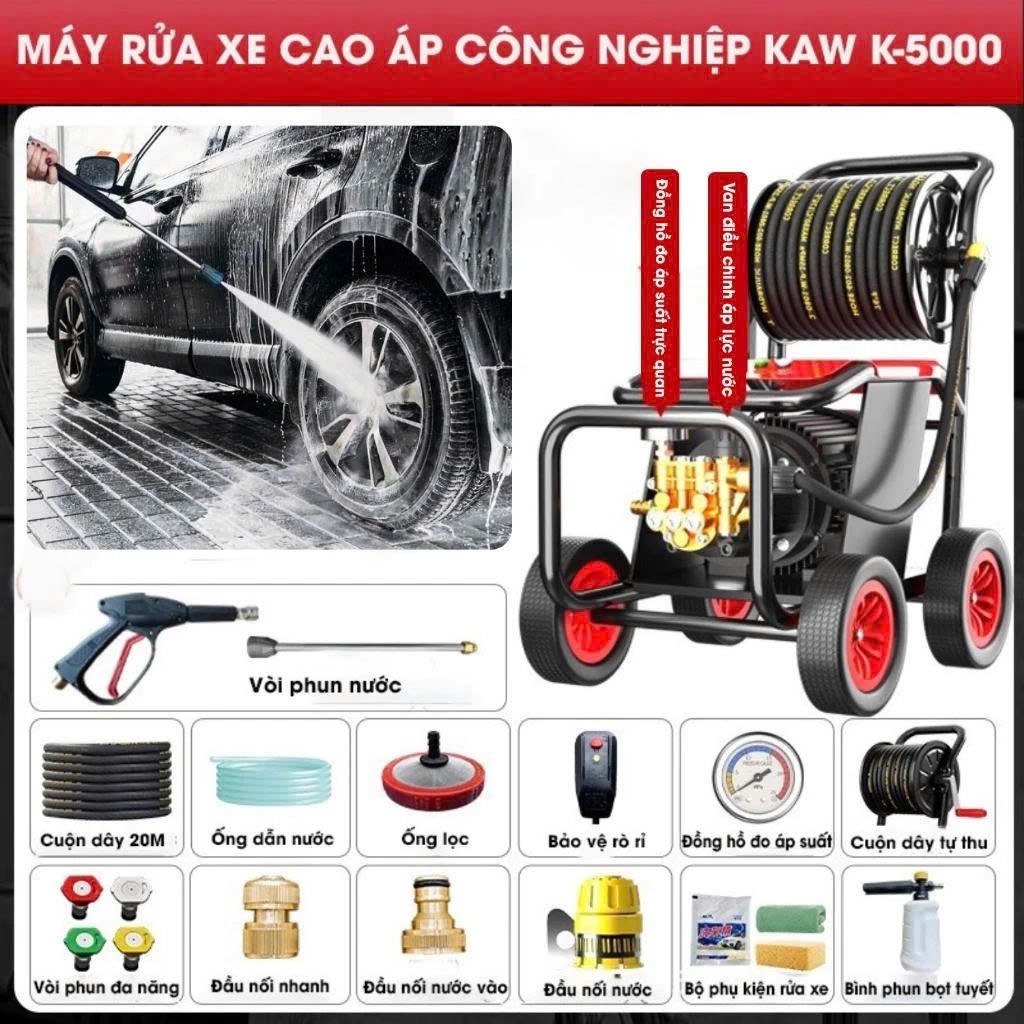 Máy Rửa Xe Công Nghiệp Cao Áp KAW 5000W Chuyên Nghiệp, Rửa Xe Tải, Motor Siêu Bền, Công Suất Lớn