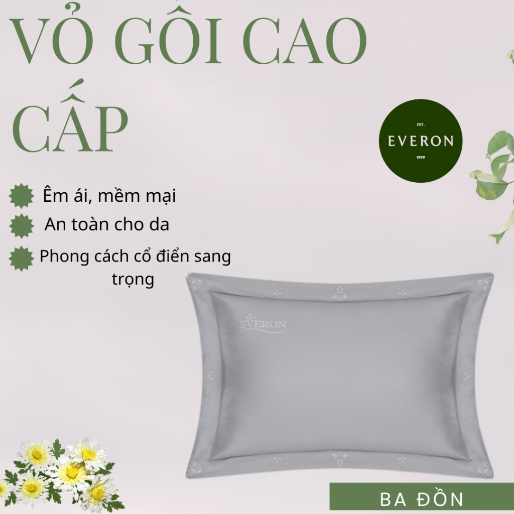 Vỏ Gối Everon EST25042 Hoa Thêu Xám Vỏ Áo Gối Mềm Mại, Thoáng Khí, Kháng Khuẩn Vỏ Gối Everon Chính H