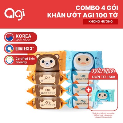 Combo 4 gói khăn giấy ướt Agi 100 tờ không hương an toàn, siêu tiết kiệm (BAO BÌ MỚI)