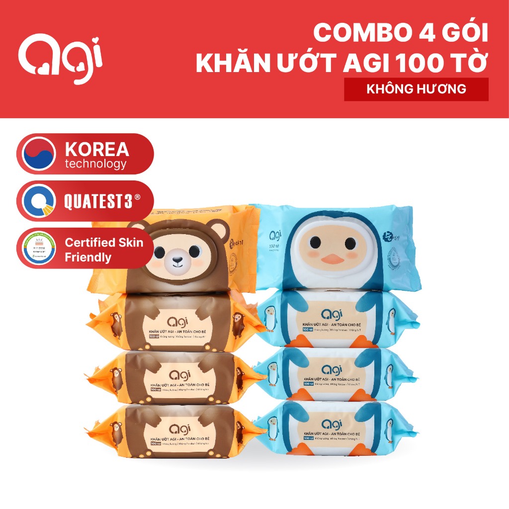 Combo 4 gói khăn giấy ướt Agi 100 tờ không hương an toàn, siêu tiết kiệm (BAO BÌ MỚI)