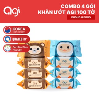 Combo 4 gói khăn giấy ướt Agi 100 tờ không hương an toàn, siêu tiết kiệm (BAO BÌ MỚI)
