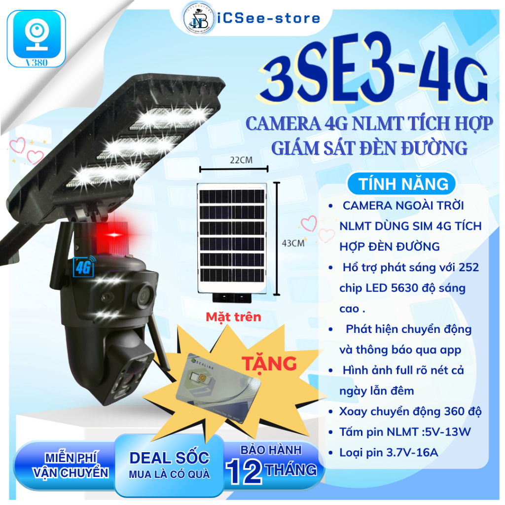 Camera giám sát V380  3SE3-4G Camera 4G NLMT tích hợp giám sát đèn đường - ko cần wifi - ko cần điện