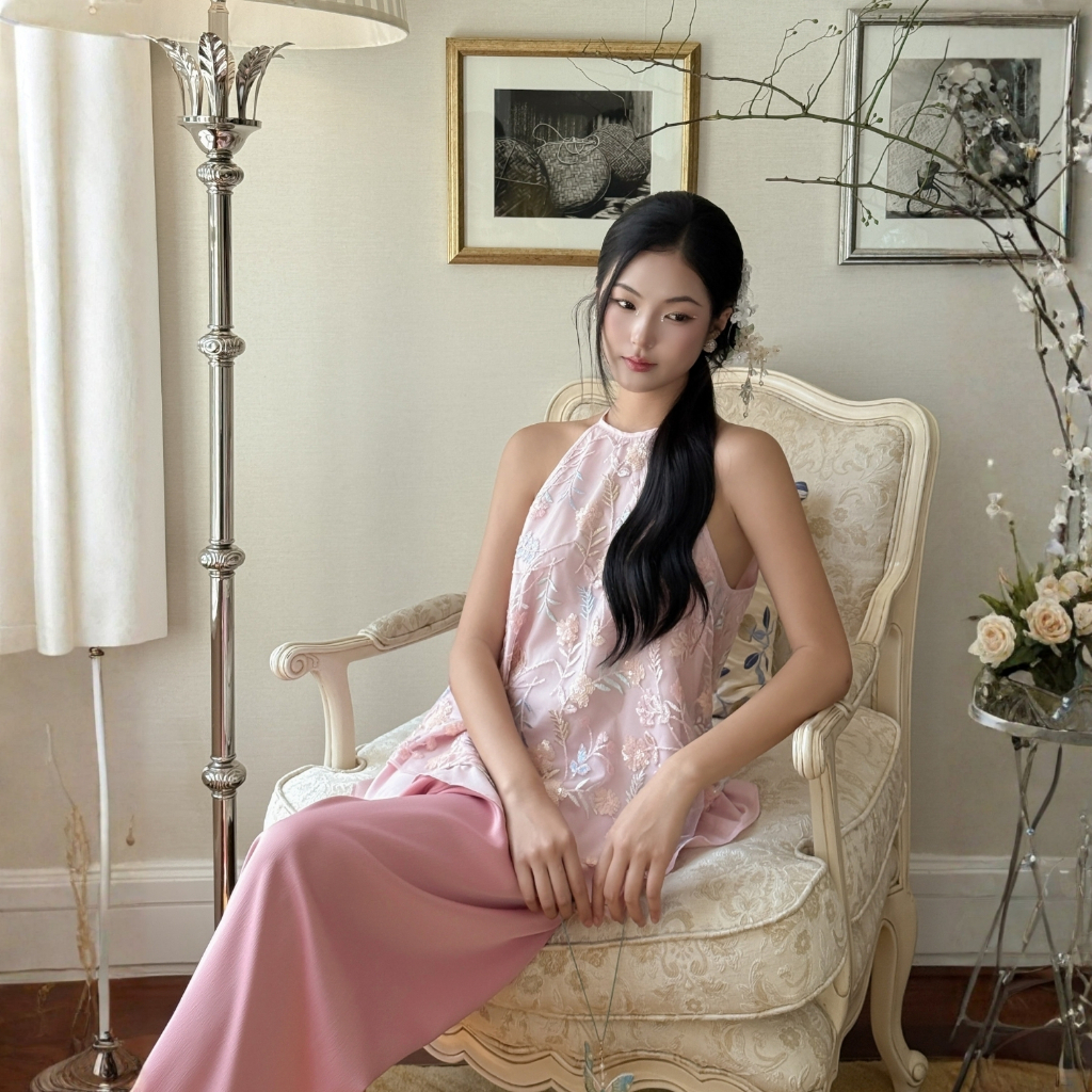 TUBYCATU Áo Yếm Kim Sa Xuân Đào Thêu Hoa Nổi