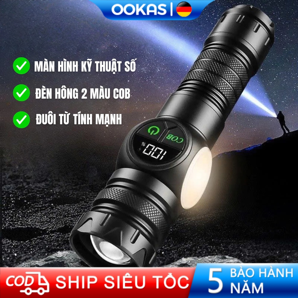 OOKAS Đèn pin cầm tay C80 siêu sáng với thiết kế chống nước và nam châm hút, màn hình LED cao cấp