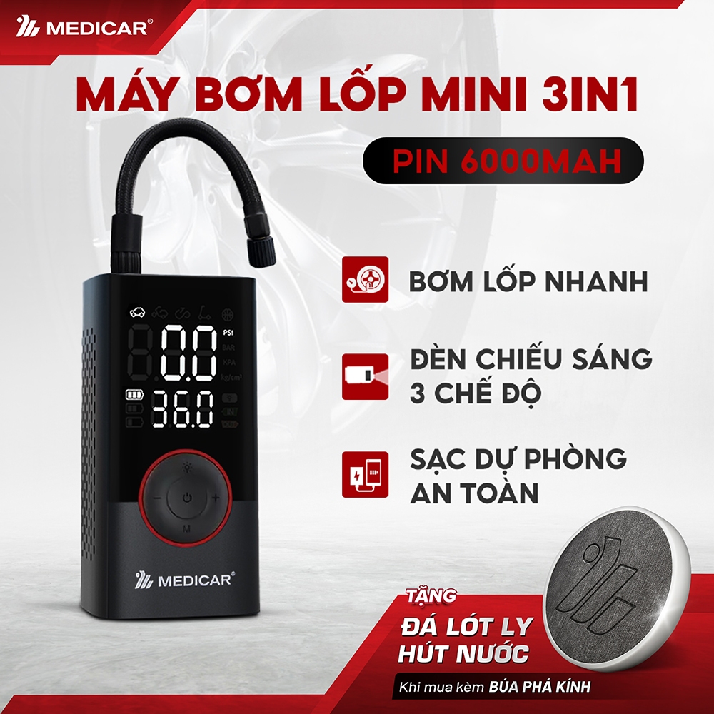  MÁY BƠM LỐP XE MÁY & Ô TÔ Medicar pin 6.000mAh máy mini cầm chắc tay tự ngắt theo cảm biến áp suất 
