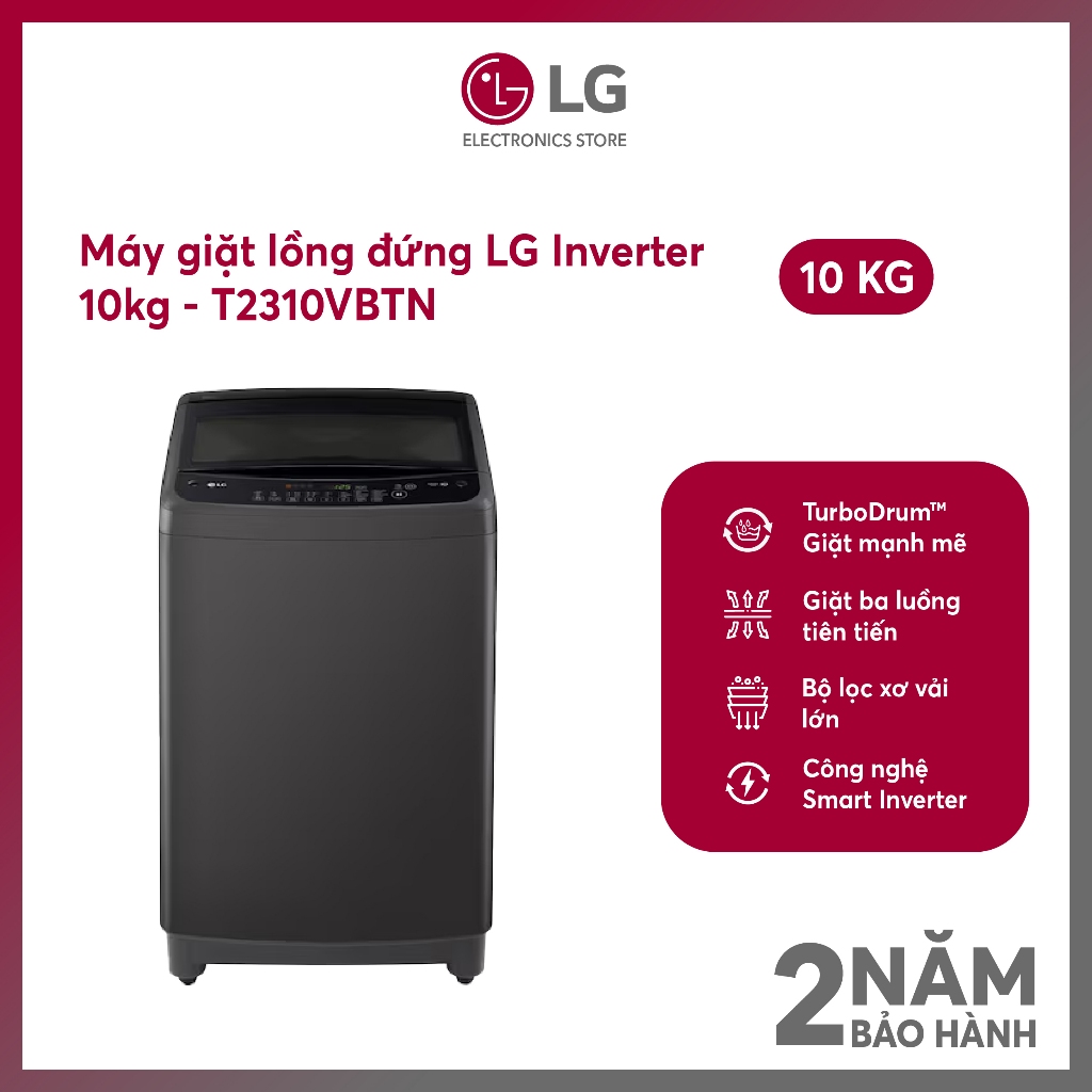 [MODEL 2025][Shopee - Lắp đặt 0Đ HN HCM] Máy giặt lồng đứng LG Inverter 10kg màu đen T2310VBTN - Shopee chỉ lắp HN & HCM