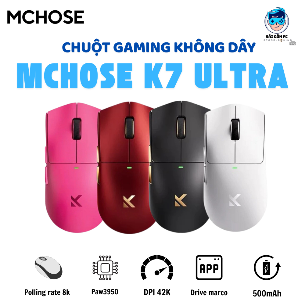 Chuột không dây MCHOSE K7 Ultra - 3 mode - Paw3950 - DPD 42000 - Polling rate 8k - 750 IPS  - APP tù