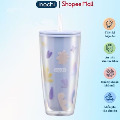 Cốc nhựa 2 lớp Inochi kèm ống hút, nhựa an toàn, chịu nhiệt tốt, viền silicone chống rỉ nước.