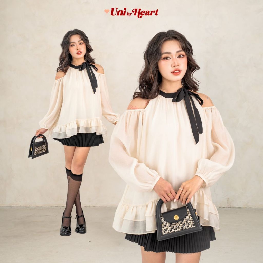 Áo khoét vai Nari Top ATV022 tơ bồng bềnh, phối cổ nơ - Uni By Heart
