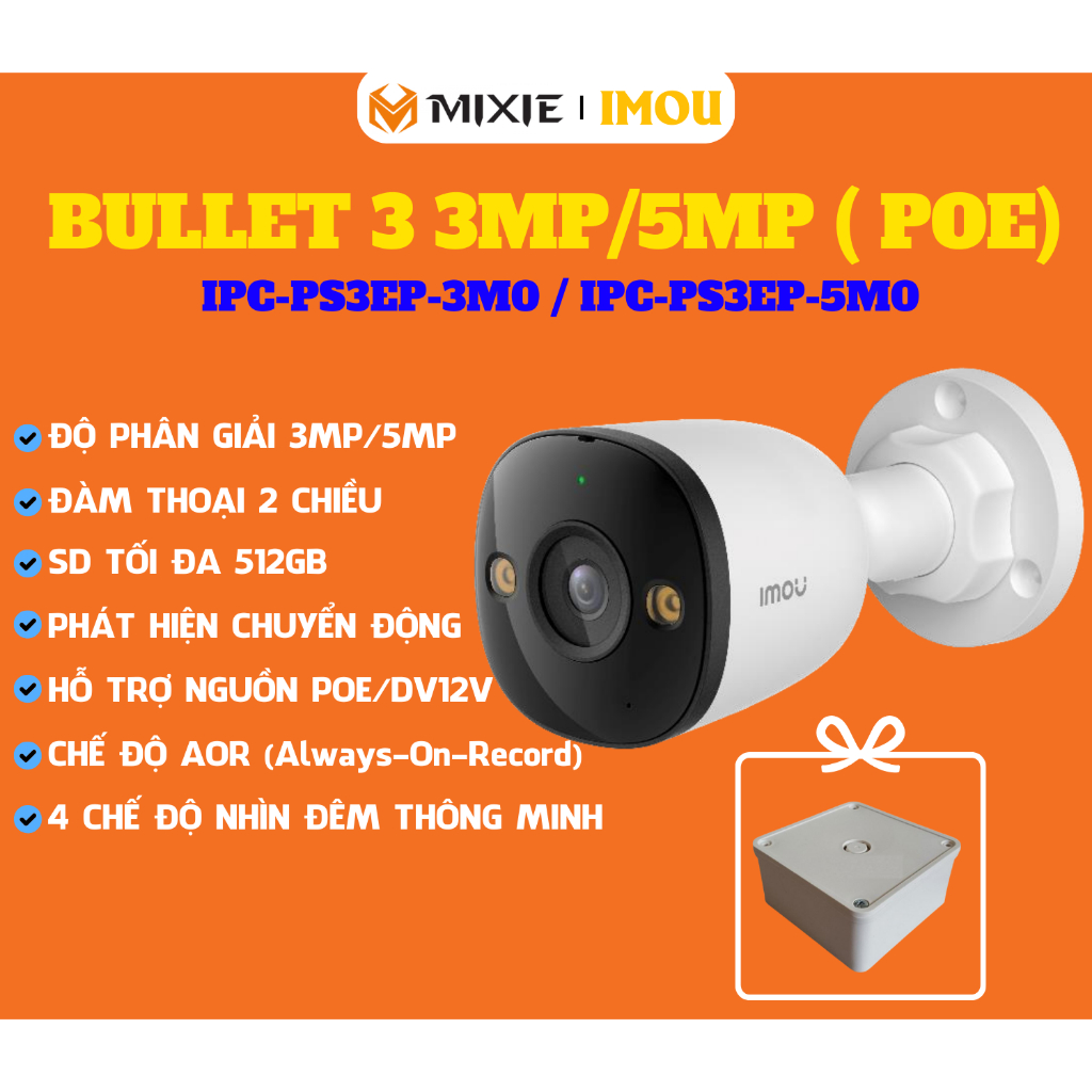 [KHONG DAY NGUON] Camera IMOU PoE Bullet 3 3MP/5Mp | Full màu | Đàm thoại |  Hỗ trợ thẻ nhớ lưu trữ
