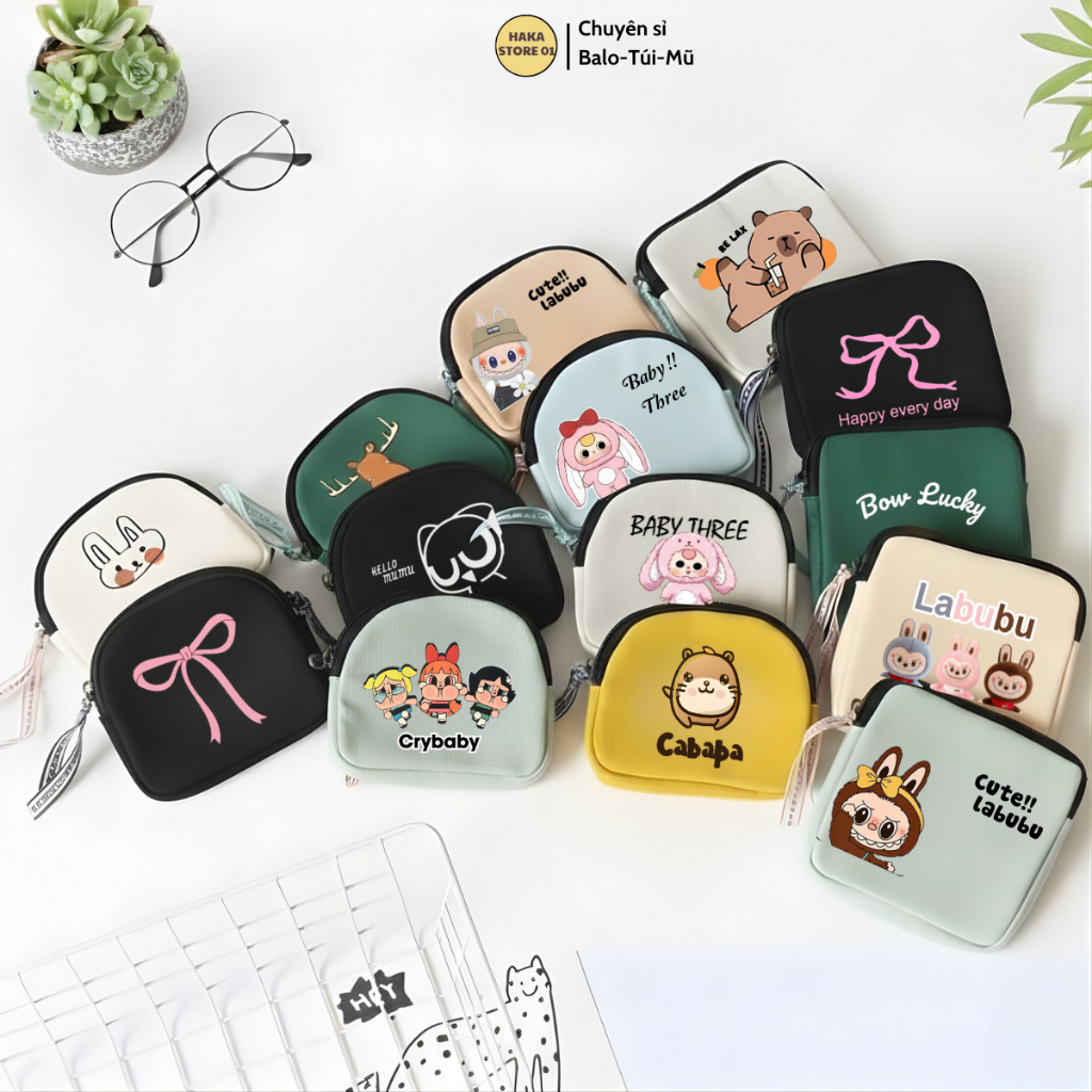 Ví Vải Canvas Mini In Họa Tiết Hoạt Hình Dễ Thương Có Khóa Kéo Đựng Thẻ Son Môi Chìa Khoá Tiện Dụng Cho Nữ