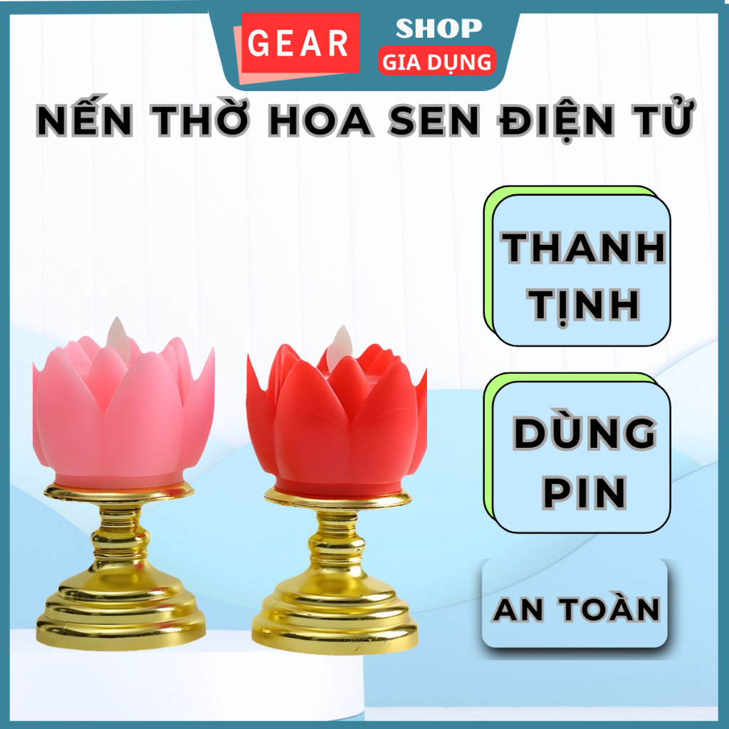 Nến hoa sen điện tử liền đế GEARSHOP, đèn thờ hoa sen dùng pin, đèn cầy hoa sen để bàn thờ
