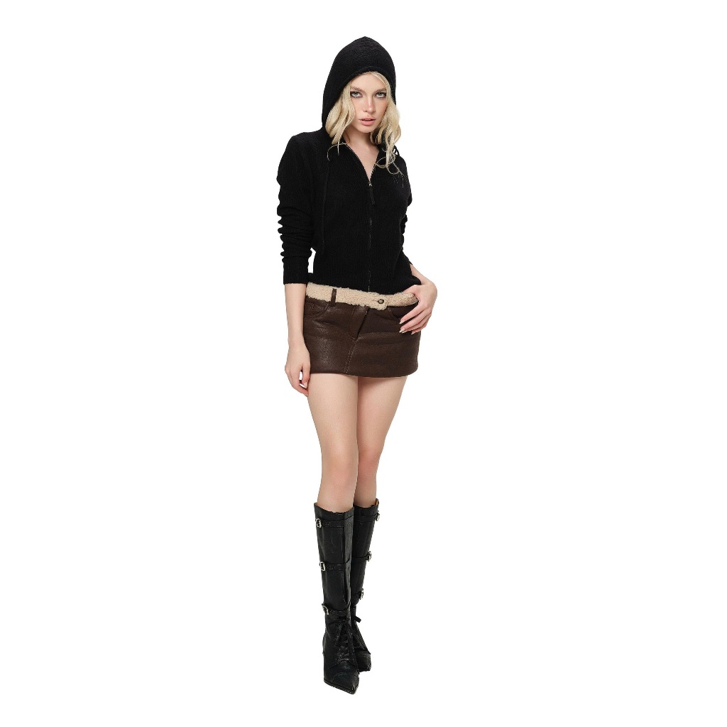 LSOUL Chân Váy Mini Da Nữ Cạp Trễ Mos Skirt + Áo Khoác Hoodie Len Dệt Kim Peaky Jacket CV26010748