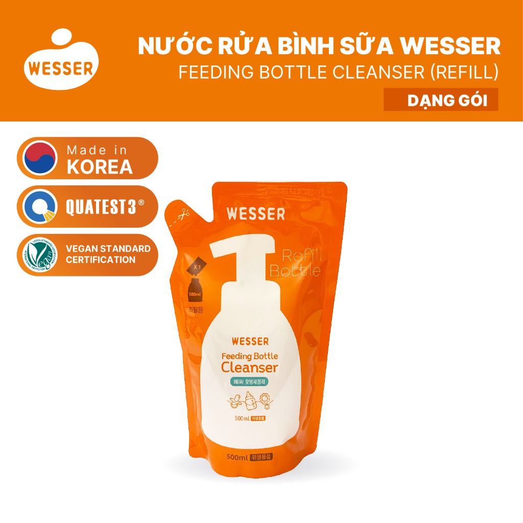 Nước rửa bình sữa Wesser dạng gói 500ml (Nhập khẩu Hàn Quốc)