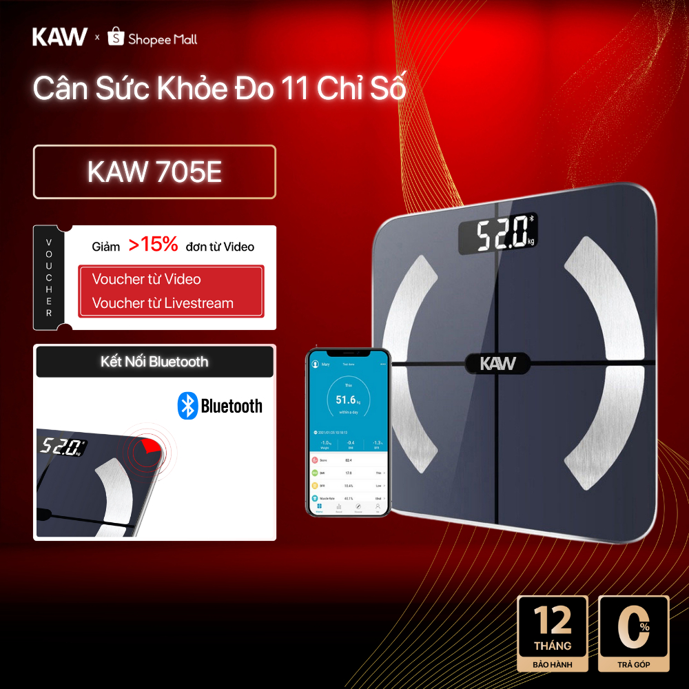 Cân điện tử sức khỏe thông minh KAW - Kết Nối Bluetooth, Đo 11 Chỉ Số, Bảo Hành 12 Tháng