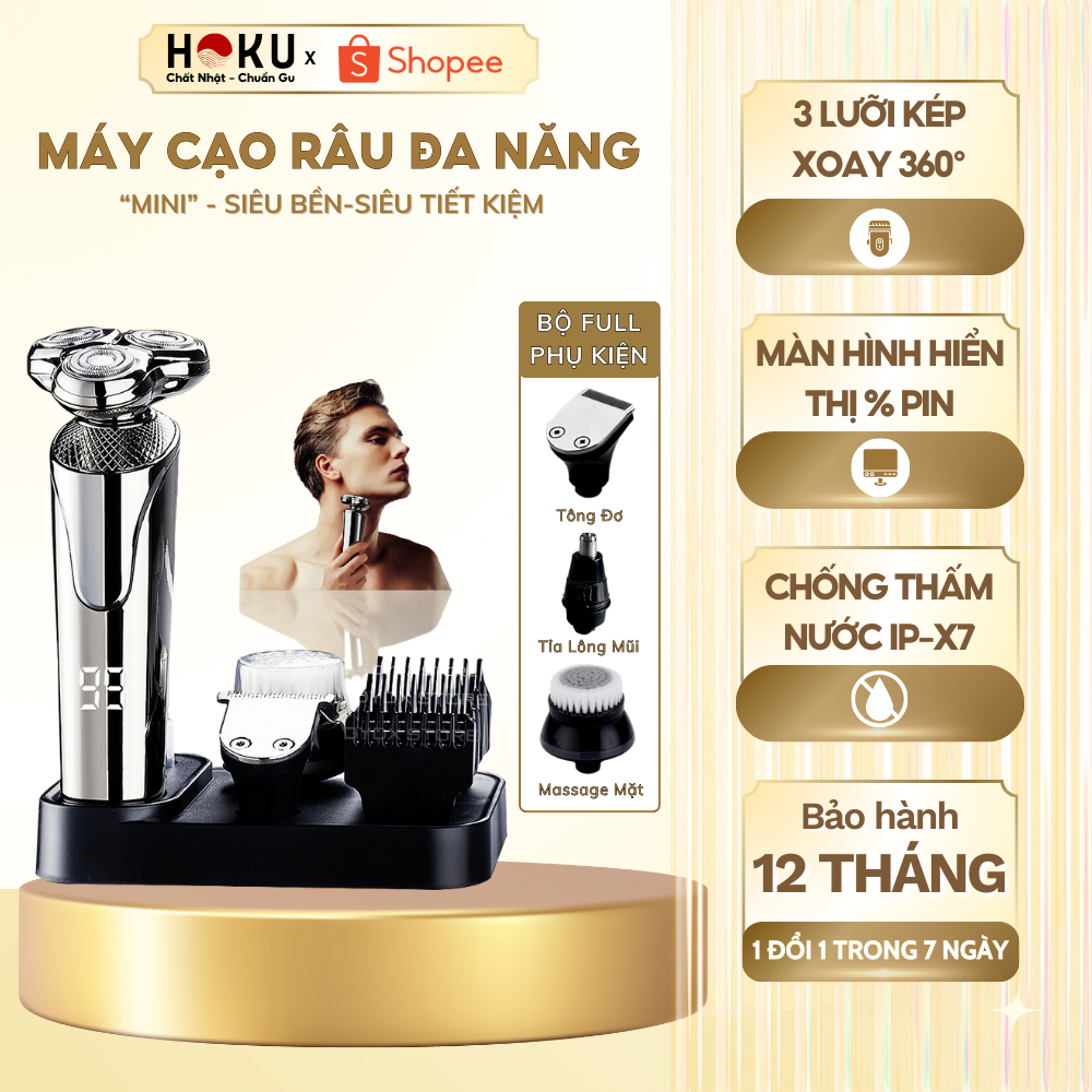 HOKU Máy Cạo Râu Đa Năng MCR02 3 Lưỡi Kép LED Hiển Thị Chống Thấm Nước Sạc Nhanh 2 Giờ Cạo Cực Nhanh Sát Êm