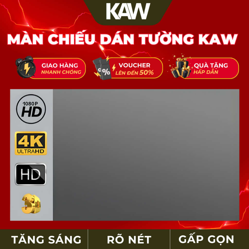 Màn Chiếu Phản Quang Dán Tường Chính Hãng KAW 100 -120 Inch Gấp Gọn, Tăng Độ Sáng,  Hỗ Trợ Máy Chiếu
