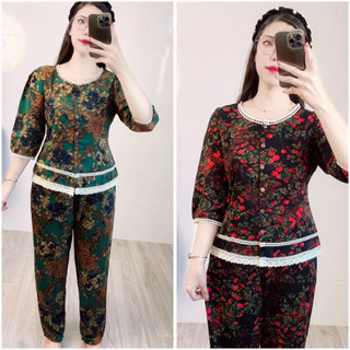  Đồ bộ thiết kế trung niên phối ren áo tay lỡ quần dài vải mềm mát 