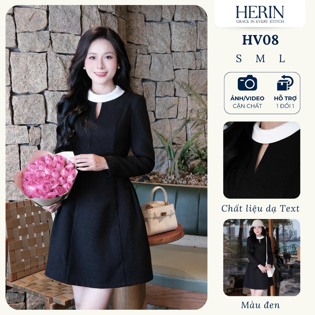 Váy Dáng A nữ thiết kế cổ giếng tay dài tôn dáng màu đen phù hợp đi chơi, đi tiệc HERIN - HV08