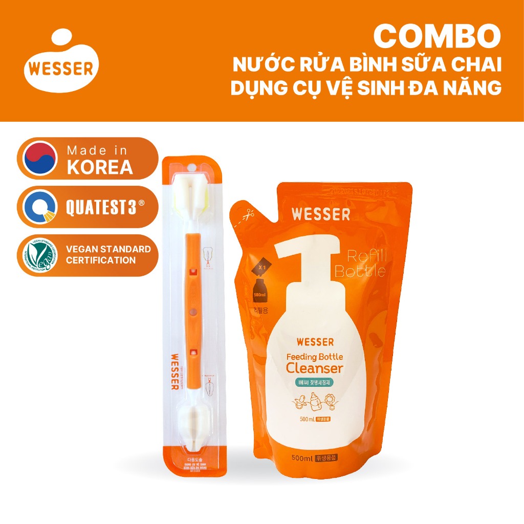 Bộ nước rửa bình sữa gói + Dụng cụ vệ sinh bình sữa đa năng Wesser (Nhập khẩu Hàn Quốc)