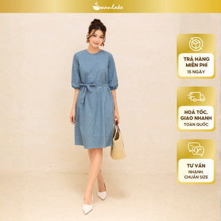  SWANLAKE | Váy Đầm Nữ Suông Vải Denim Jeans Wash Dây Thắt Eo Suông Lỡ Cổ Tròn Tay Bí Phồng D12440 