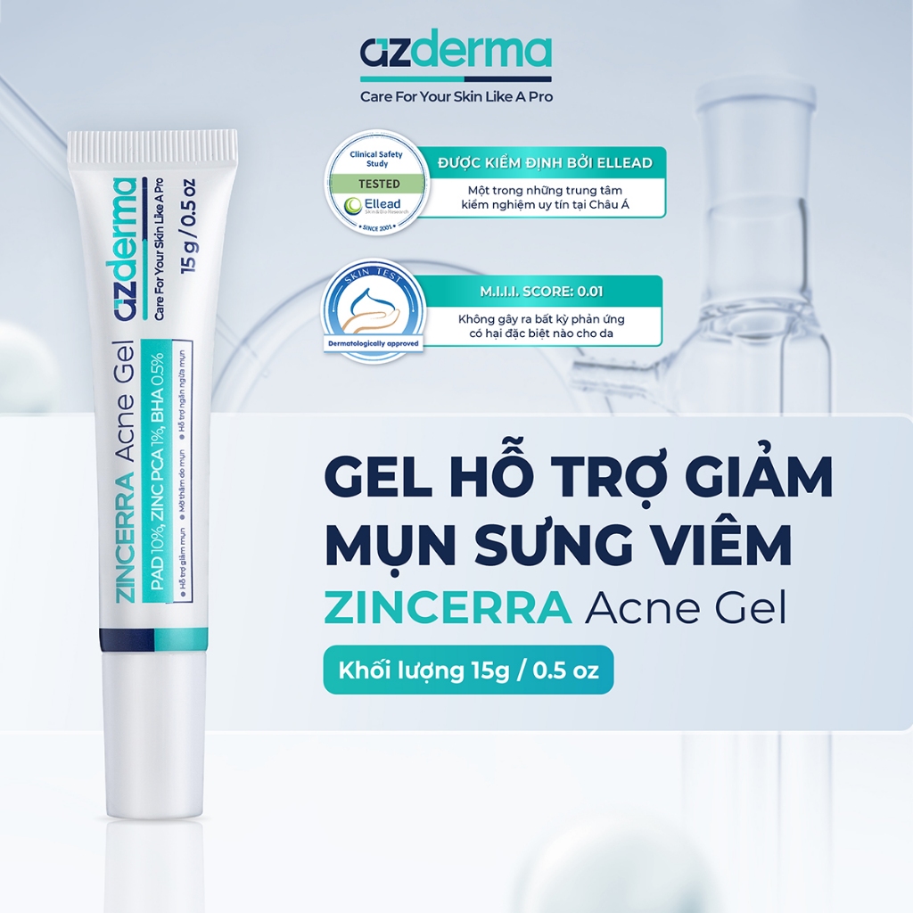 Gel hỗ trợ giảm mụn sưng viêm Azderma Zincerra Acne Gel 15g