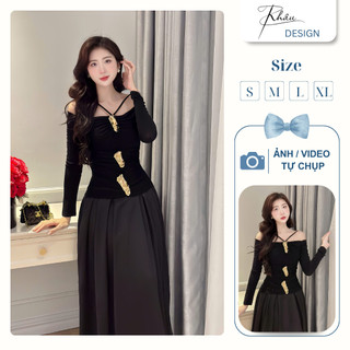  Đầm thiết kế Ren DESIGN by Khâu cổ yếm 3 khuy đen sang chảnh 