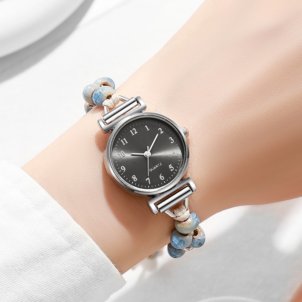 Đồng hồ nữ dây đeo dây rút đơn giản dễ thương mặt nhỏ xinh Kim số thạch anh vòng tay hạt dệt đeo tay
