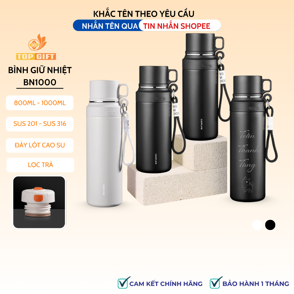 Bình giữ nhiệt BN1000 TopGifts khắc tên dung tích 1000ml SUS316 có quai xách tiện lợi