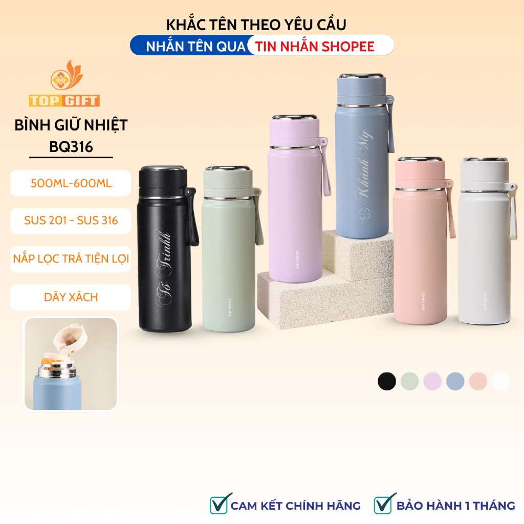 Bình giữ nhiệt ChipLife 500ml khắc tên theo yêu cầu BQ316 lõi inox 316 không gỉ an toàn sức khỏe