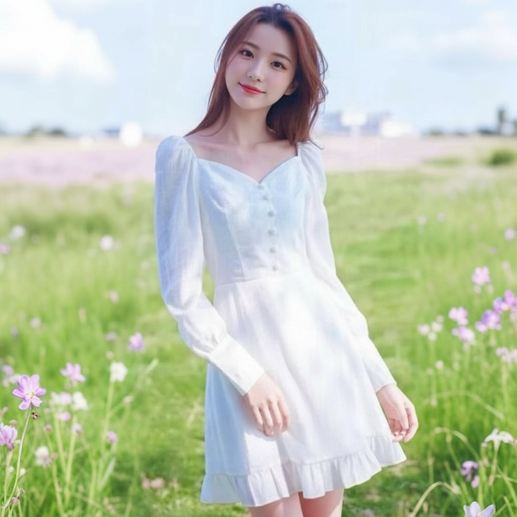 Đầm công chúa, váy tiểu thư, váy vintage trắng nút bọc tay dài (kèm hình thật)