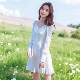 Đầm công chúa, váy tiểu thư, váy vintage trắng nút bọc tay dài (kèm hình thật)