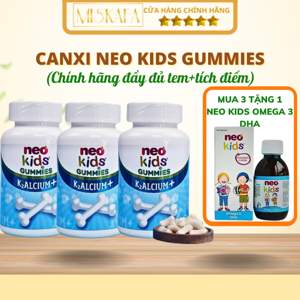 (MUA 3 TẶNG 1 NEO KIDS OMEGA 3 DHA) Neo Kids Gummies Canxi, Canxi Neo Kids dạng kẹo dẻo bổ sung canx