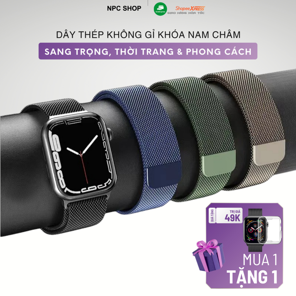 Dây đeo thép không gỉ khoá nam châm dành cho đồng hồ Apple Watch Ultra SE 11 10 9 8 7 6 5 4 3 2 1 mềm mại thoáng khí