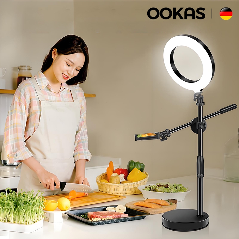 OOKAS Bộ sản phẩm Đèn Livestream, Bộ Quay Video Để Bàn Xoay 360°,Size 26cm, 30cm