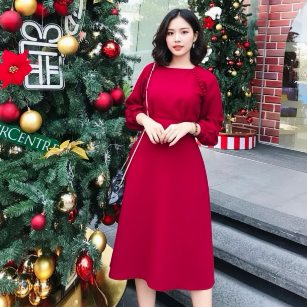 Đầm đỏ noel, chụp hình tết, midi tay lỡ nút bọc (kèm hình thật)