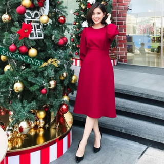 Đầm đỏ noel, chụp hình tết, midi tay lỡ nút bọc (kèm hình thật)