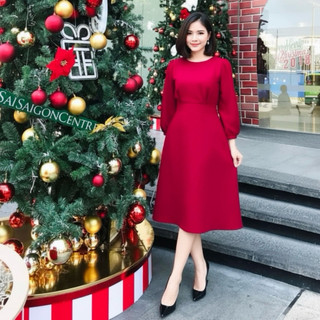 Đầm đỏ noel, chụp hình tết, midi tay lỡ nút bọc (kèm hình thật)