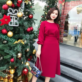Đầm đỏ noel, chụp hình tết, midi tay lỡ nút bọc (kèm hình thật)