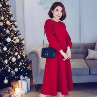 Đầm đỏ noel, chụp hình tết, midi tay lỡ nút bọc (kèm hình thật)