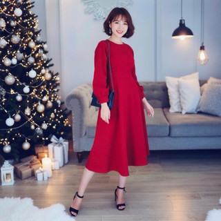 Đầm đỏ noel, chụp hình tết, midi tay lỡ nút bọc (kèm hình thật)