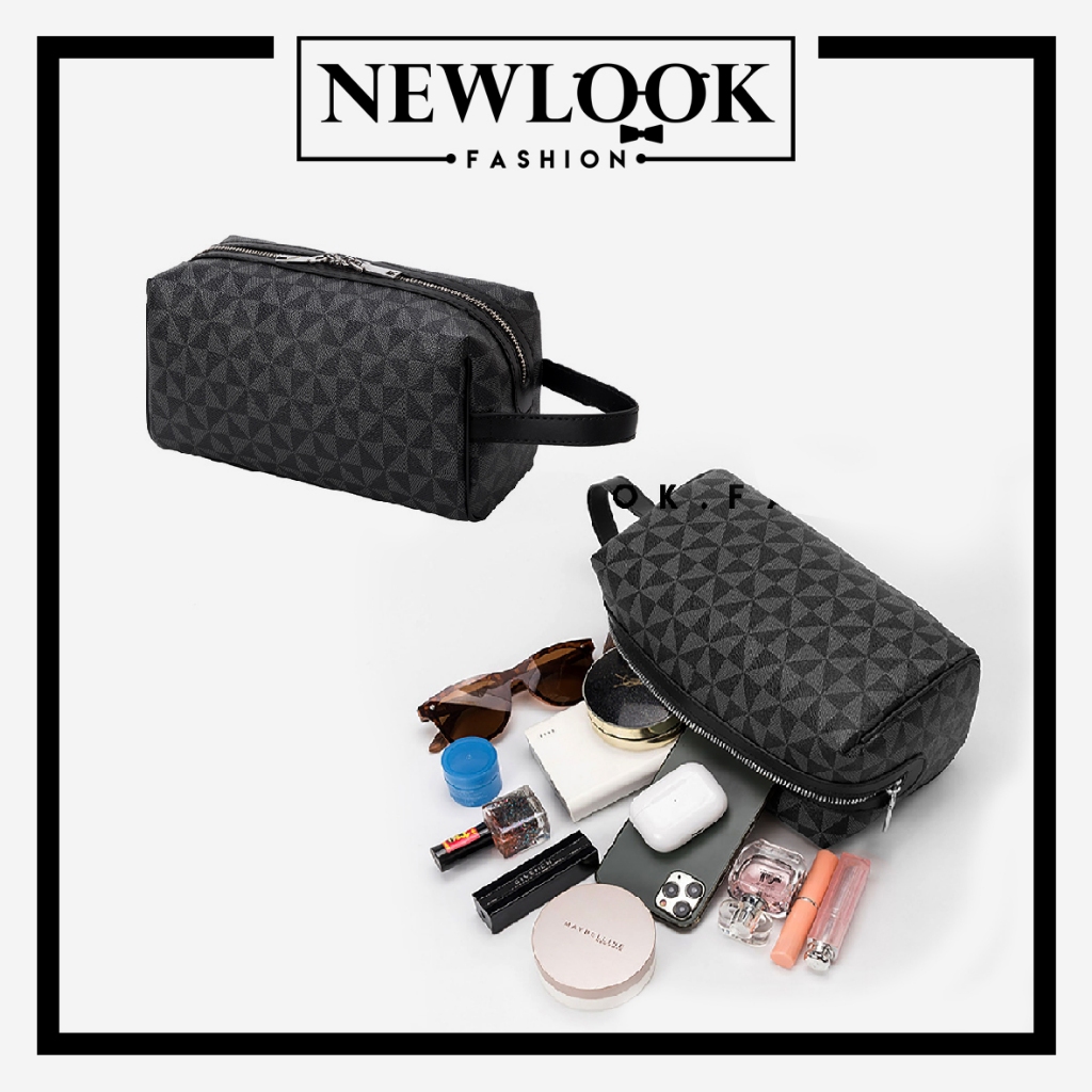 ★ TÚI DA CẦM TAY ( CLUTCH ) DẠNG HỘP KHOÁ KÉO CÓ QUAI CẦM DA PU HOẠ TIẾT TAM GIÁC THỜI TRANG ( 24 x 12 x 12cm )