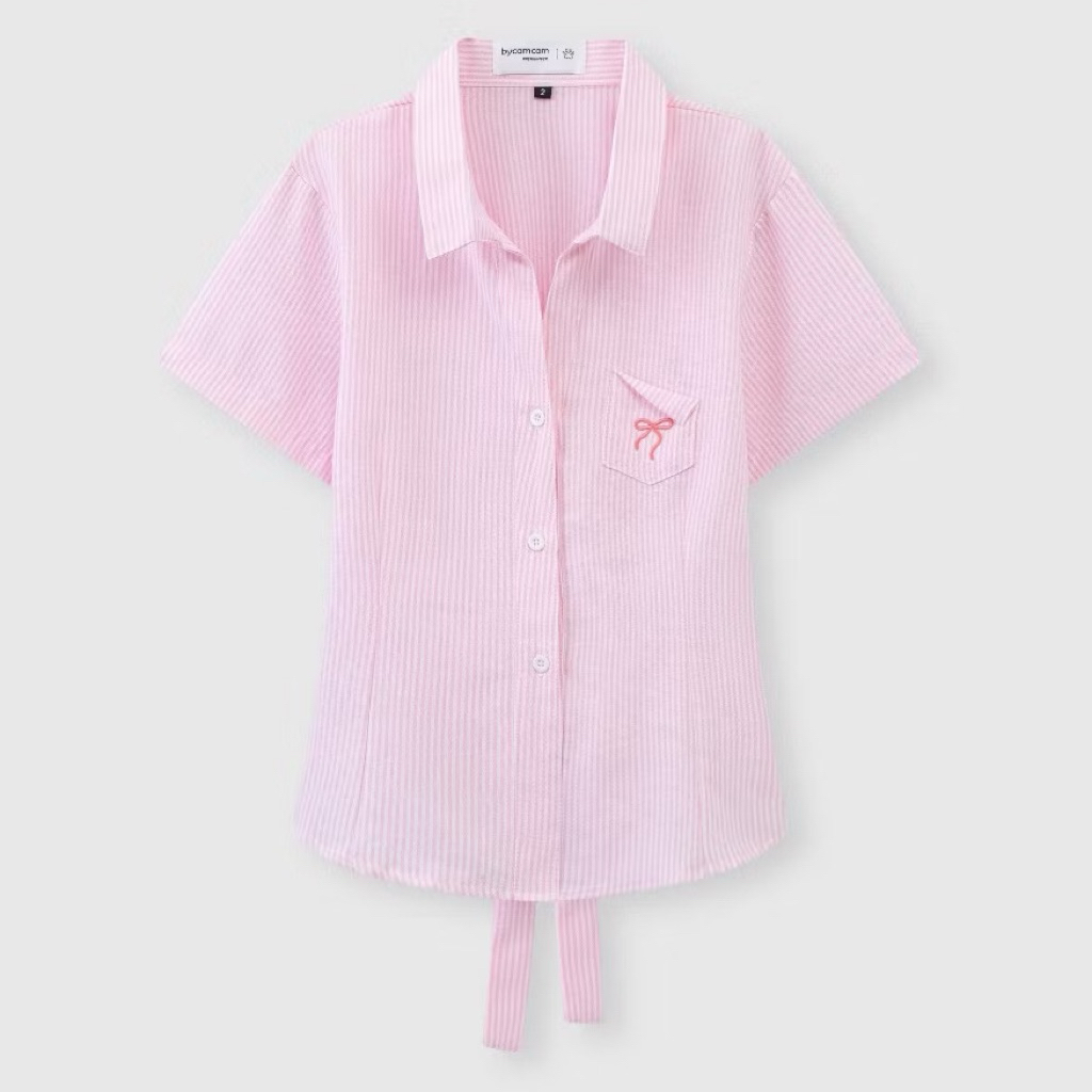 [Thanh lý] Pass Áo Sơ Mi Nữ Premium Chiết Eo Bycamcam Buộc Nơ Phong Cách Hàn Quốc kẻ hồng, size 2 Pr