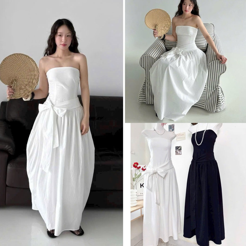( Sam’s Clothing ) Đầm midi nữ cup ngực lưng chun đính nơ eo xinh xắn