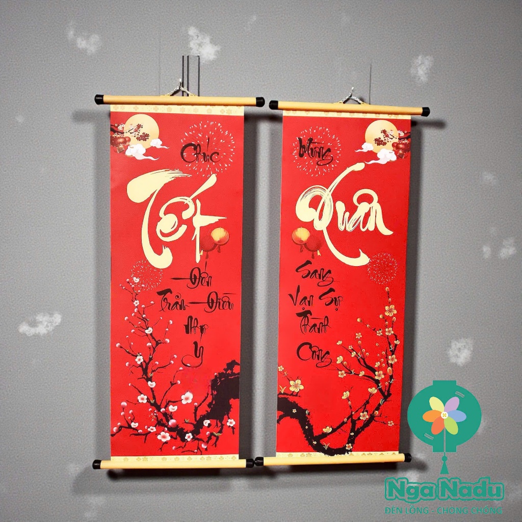 Cặp Câu Đối Đỏ - Cặp Liễn mành lụa treo Chúc Mừng Năm Mới trang trí Tết- hội chợ xuân-lớp học-Nhà Chùa