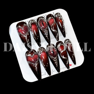 [S025] Nail box vẽ viền tráng gương nền đỏ đen DAISY NAIL - móng tay giả vẽ viền y2k đỏ đen