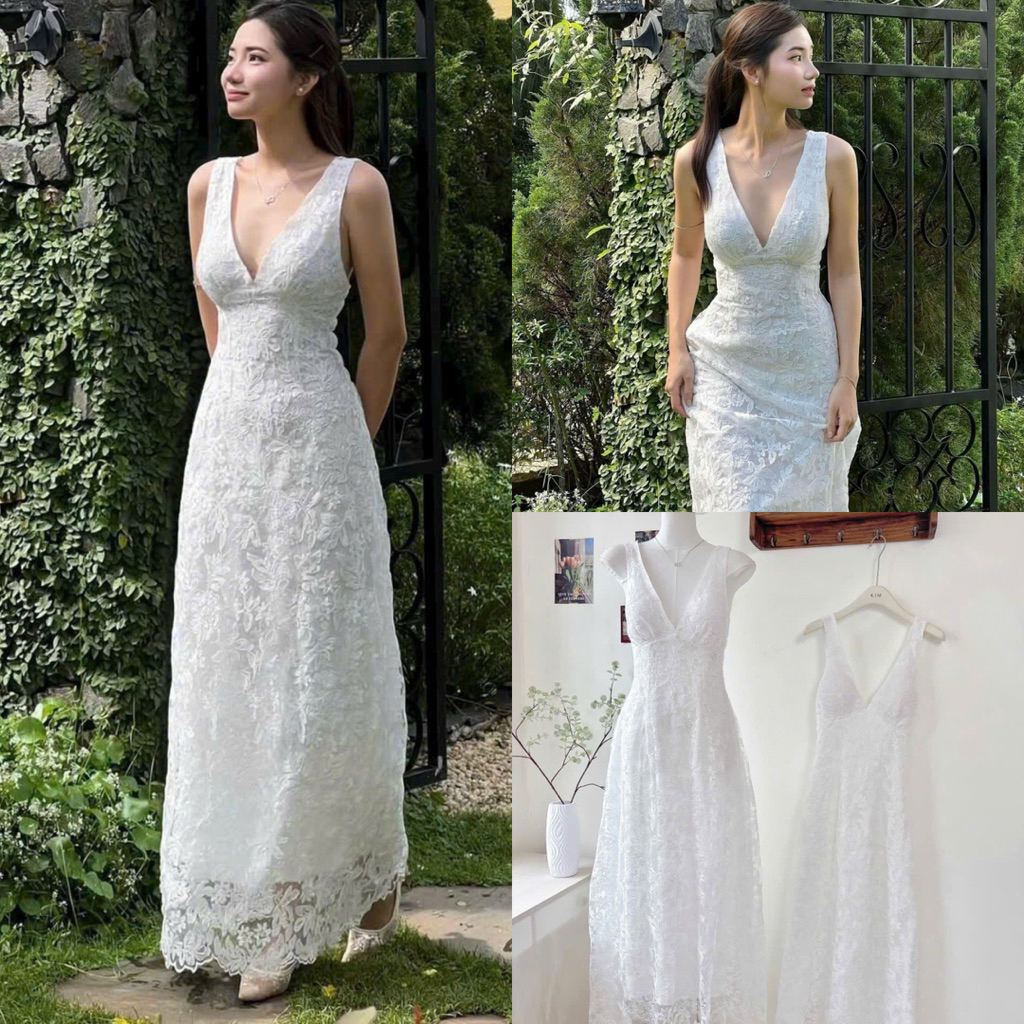 ( Sam’s Clothing ) Đầm maxi ren trắng cổ V nhúng thun sau xinh xắn