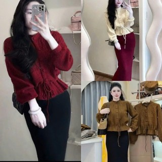  Áo len Cardigan nữ cổ tròn dây rút eo áo len đệt sợi nhũ kim tuyến kiểu dáng sang trọng thanh lịch 