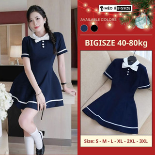  Đầm thiết kế BIGSIZE Mèo Ú váy chữ A cộc tay cổ nơ đính cúc dáng xoè phối viền trắng phong cách tiểu thư 5323 