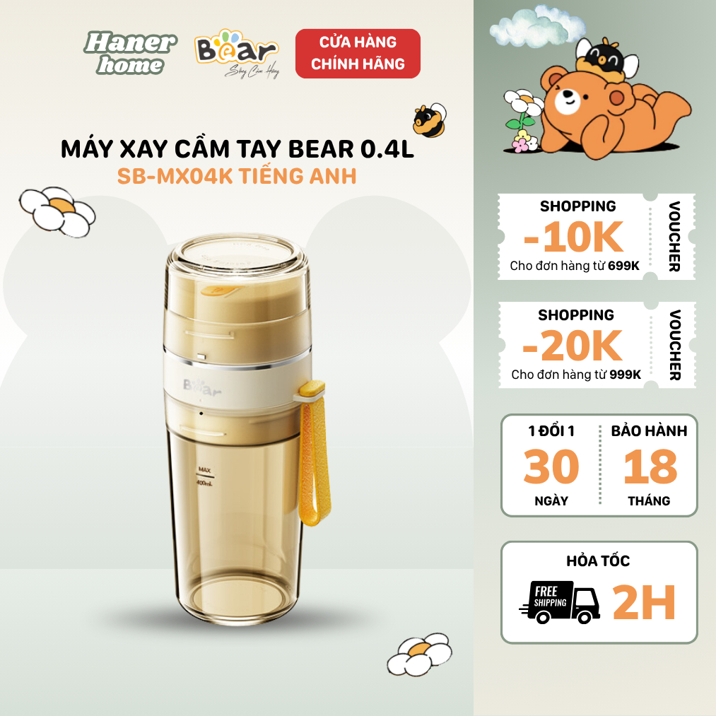 Máy Xay Sinh Tố Cầm Tay Bear 400ml Xay Rau Củ Quả Làm Sinh Tố Nước Ép Mini Tích Điện SB-MX04K